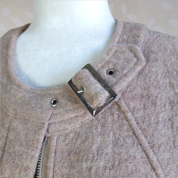 For Cynthia Cozy Wool Moto Buckle Zip Front Jacket Marled Beige Tan Petite Large - Picture 4 of 16